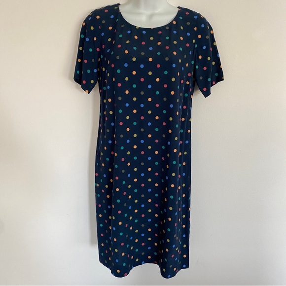 J.Jill Navy Short Sleeve Dress With Rainbow Polka Dots - Picture 2 of 4